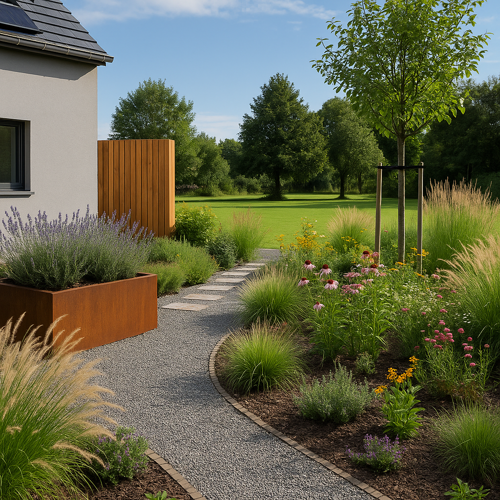 Aménagement jardin Luxembourg avec bacs corten, pas japonais et massifs de vivaces – Gustin Jardin